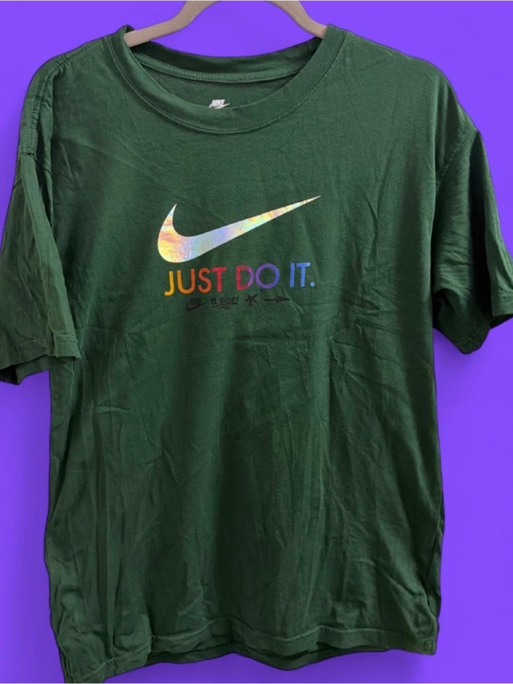 Nike Green T-Shirt with Multicolor 'Just Do It.' Swoosh